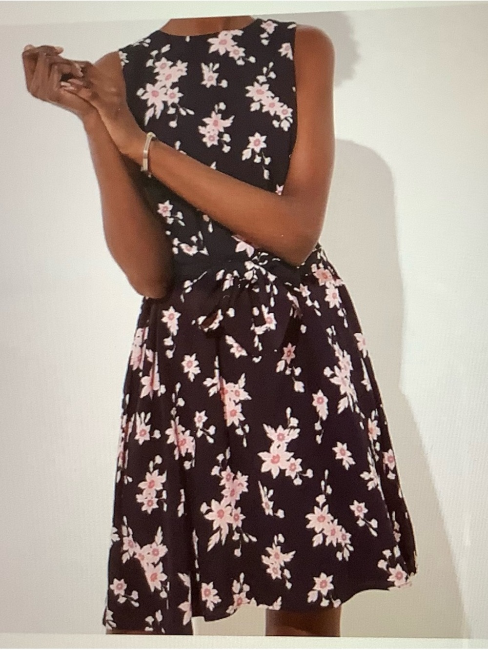 LOFT Black Sleeveless Dress with Pink Floral Print and Waist Tie - size XS